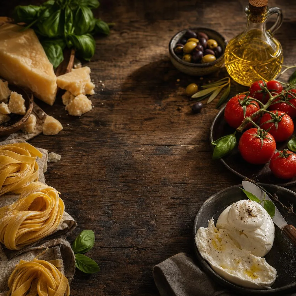Selección de pasta, queso, tomates y aceite de oliva
