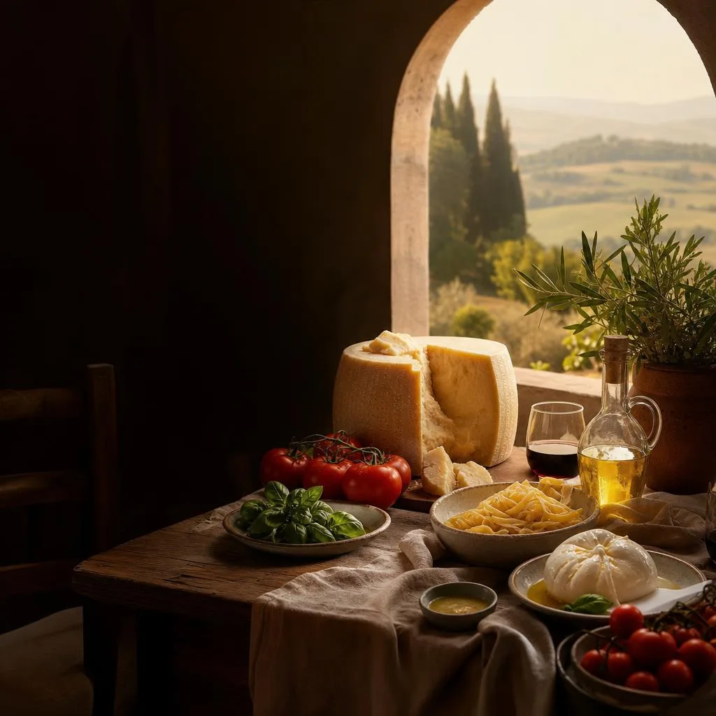 Mesa italiana con pasta, queso, tomates y aceite de oliva